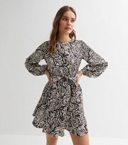 New Look Black Floral Squiggle Crew Neck Long Puff Sleeve Tie Waist Mini Dress
